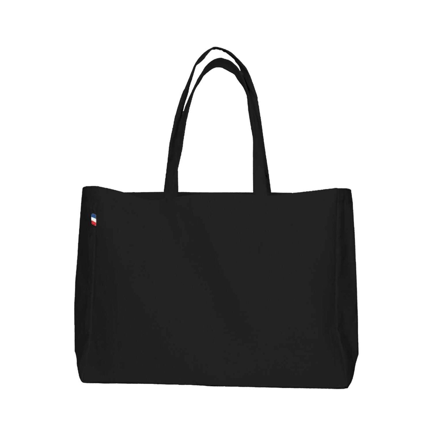 Sac cabas en coton avec soufflet total, modèle beige posé debout sur un fond neutre – grand format élégant fabriqué en France.