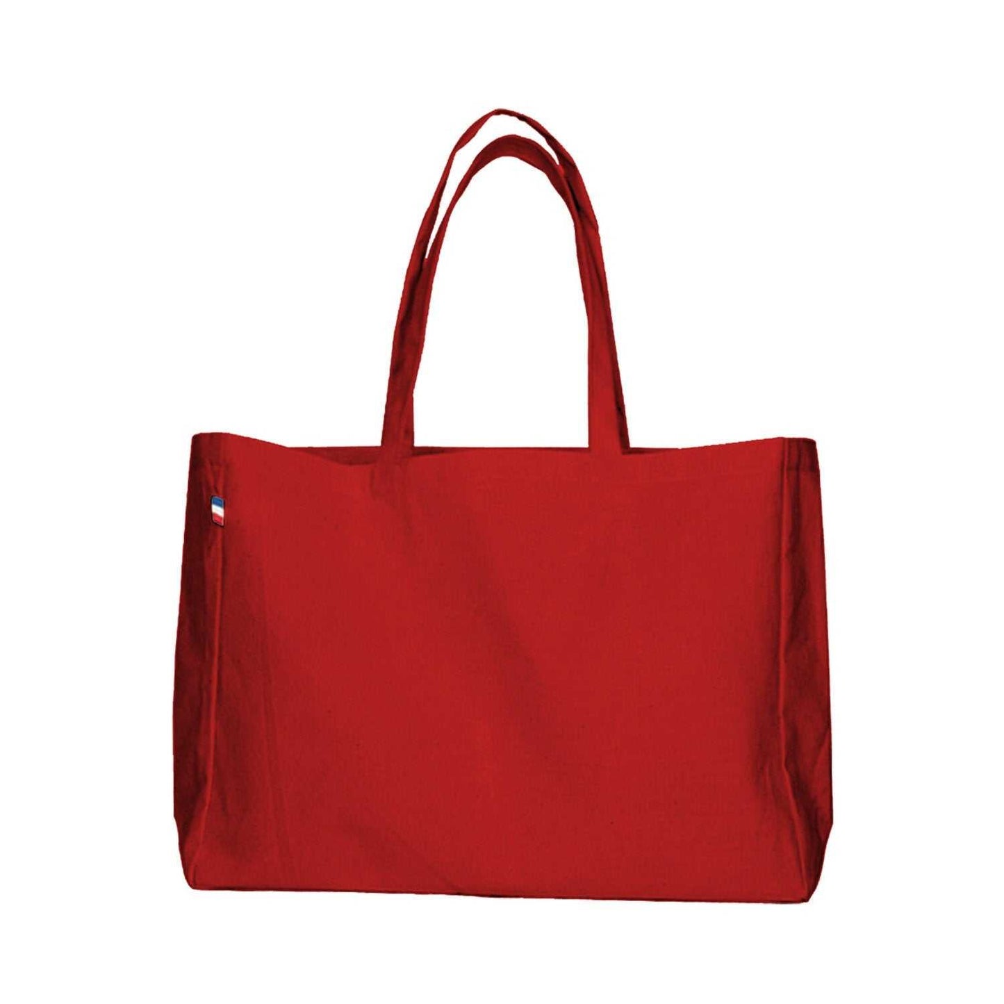 Sac cabas en coton avec soufflet total, modèle beige posé debout sur un fond neutre – grand format élégant fabriqué en France.