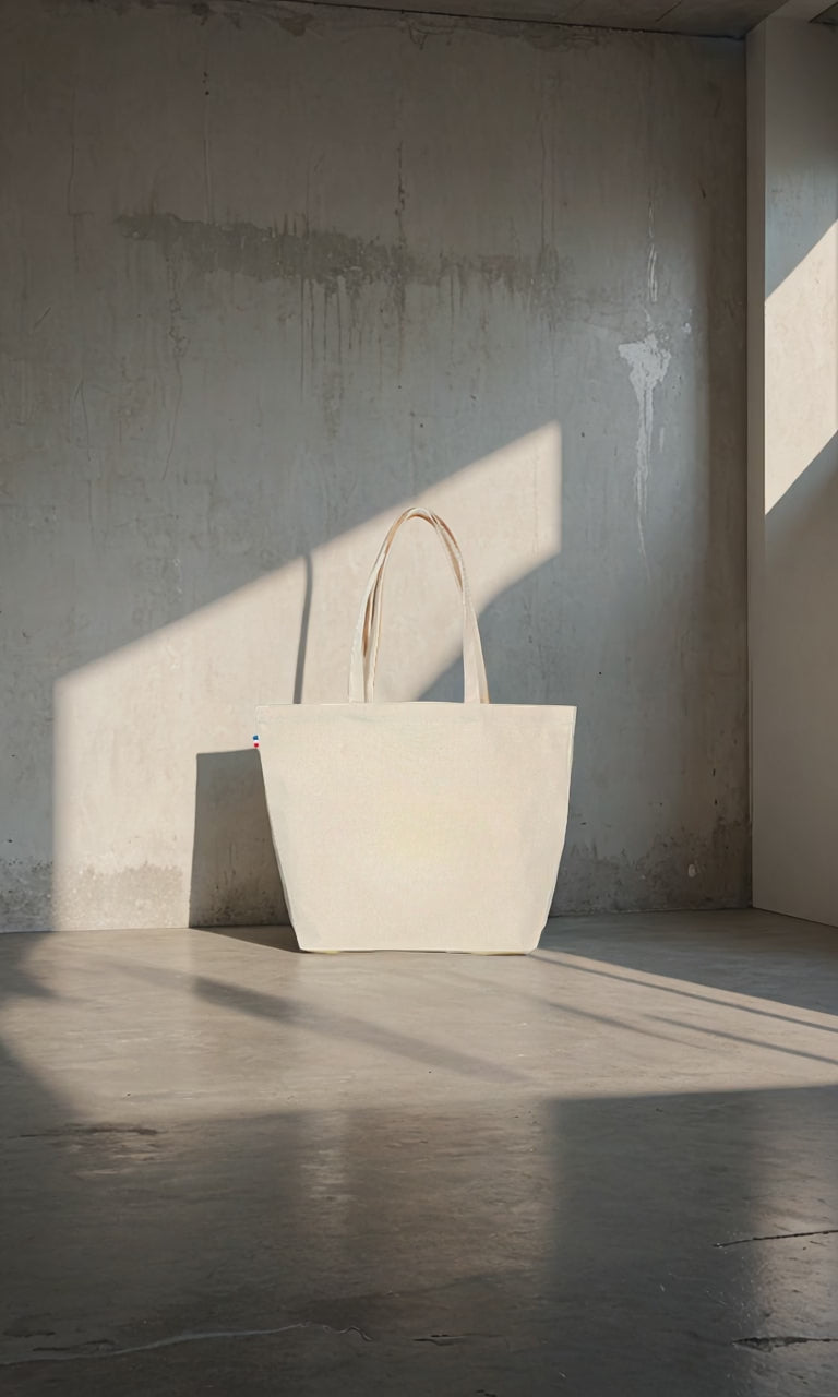 Présentation d’un sac cabas en coton bio fabriqué en France, mis en scène sur fond neutre