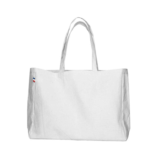Sac cabas en coton recyclé certifié GRS, format 45x35 cm avec soufflet, anses longues, fabriqué en France, couleur naturelle, design écoresponsable

