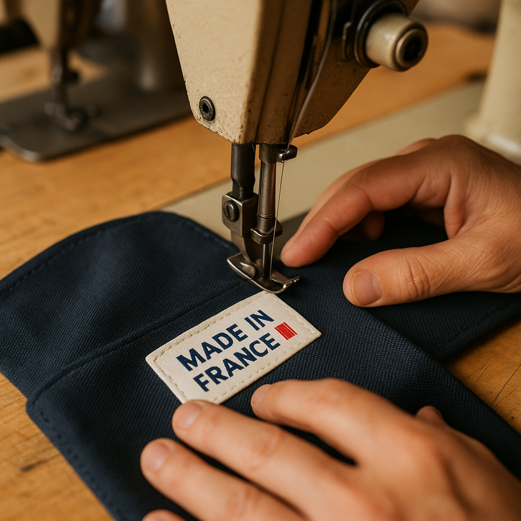 Main d’artisan cousant une étiquette Made in France sur un tissu bleu foncé à la machine